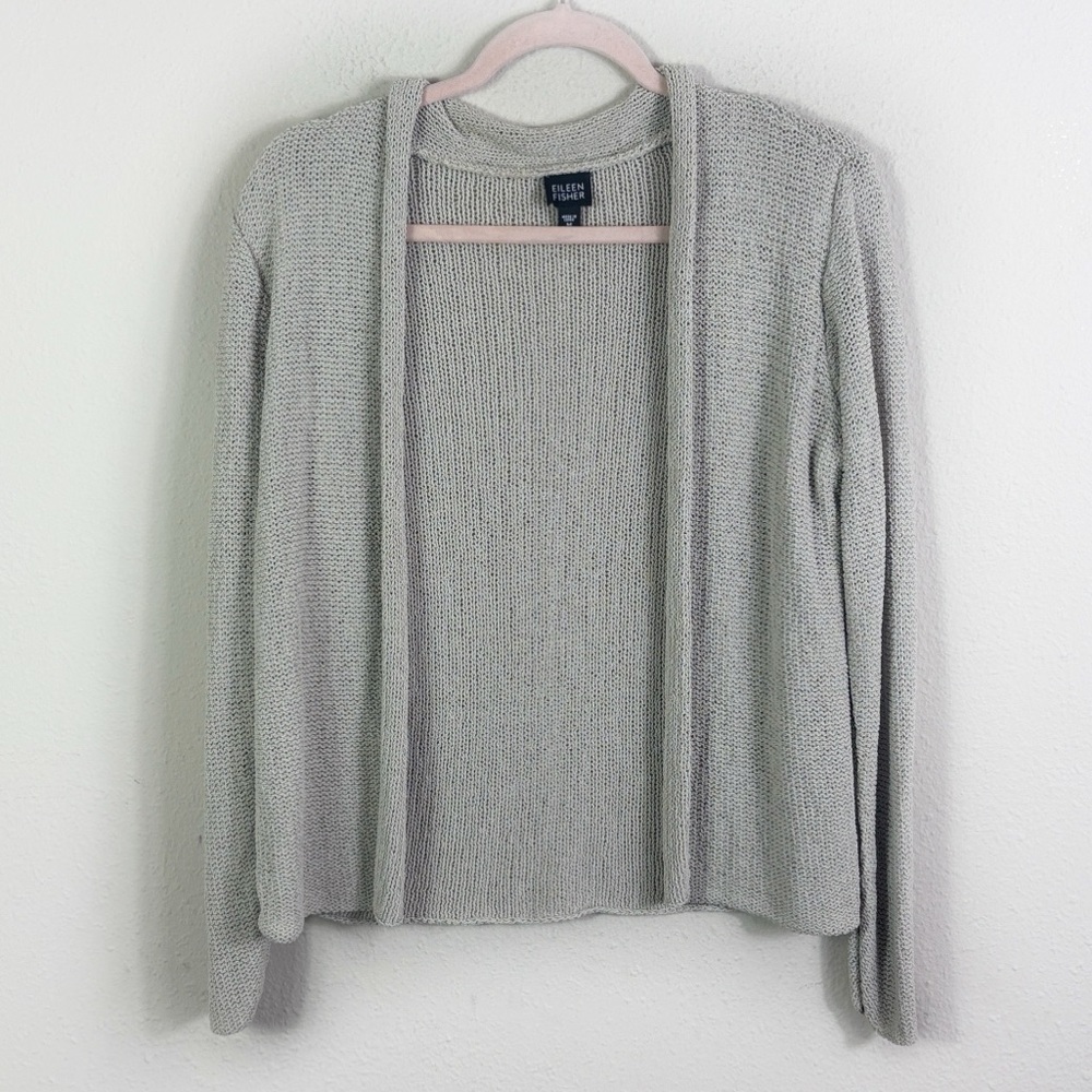 Eileen Fisher 100% Silk Knit Cardigan Pebble Gray Braid Open Front size Medium